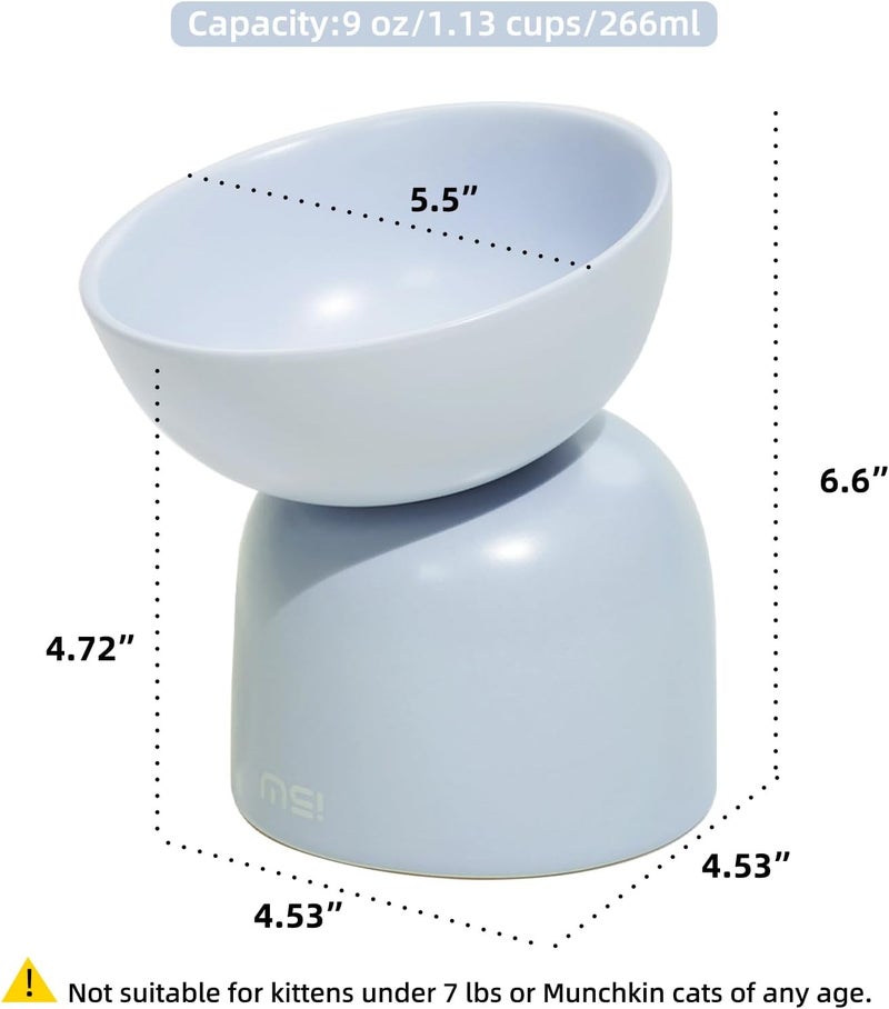 MS!MAKE SURE Elevated Ceramic Cat Food Bowl - 5.5" Wide Dish for Whikser Friendly, 6.6" Height for Easy Feeding, Lead & Cadmium Free, Durable Raised Cat Food Bowls, Blue - Image 2